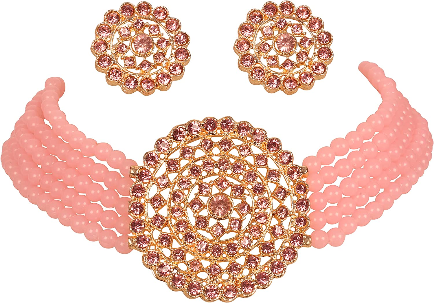 Touchstone Indian Bollywood Traditional Rhinestone Kundan Polki Faux Pearls Colorful Beads Strings Designer Jewelry Choker Necklace Set in Antique and Gold Tone for Women. - Image 1